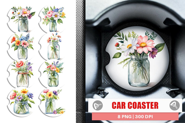 Car Coaster Flowers With Glass Jar Sublimation artnoy 