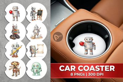 Car Coaster Friendly Retro School Robot Watercolor Sublimation artnoy 