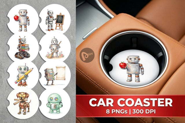 Car Coaster Friendly Retro School Robot Watercolor Sublimation artnoy 