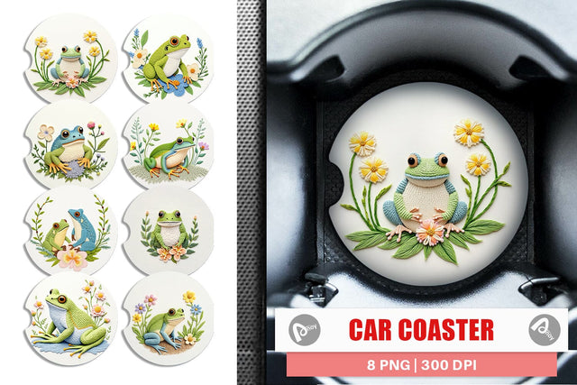 Car Coaster Frog Embroidery Sublimation artnoy 