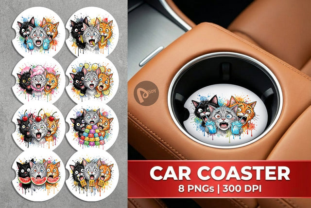 Car Coaster Funny Treat Panic Cats Watercolor Sublimation artnoy 