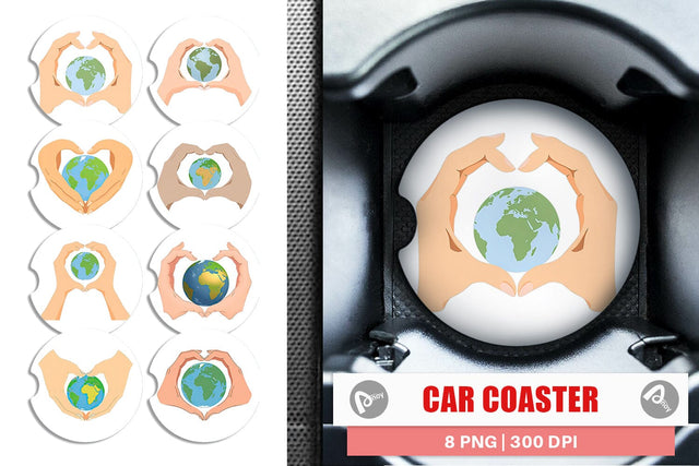 Car Coaster Globe in a Heart Hands Sublimation artnoy 