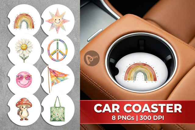 Car Coaster Groovy 70s School Nostalgia Watercolor Sublimation artnoy 