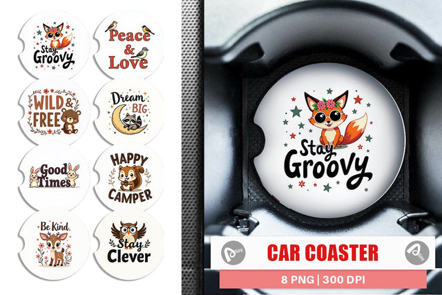 Car Coaster Groovy Friends Vintage Kawaii Animal Quote Sublimation artnoy 