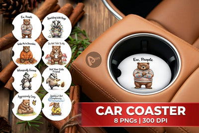 Car Coaster Grumpy Bear Badger Hygge Watercolor Sublimation artnoy 