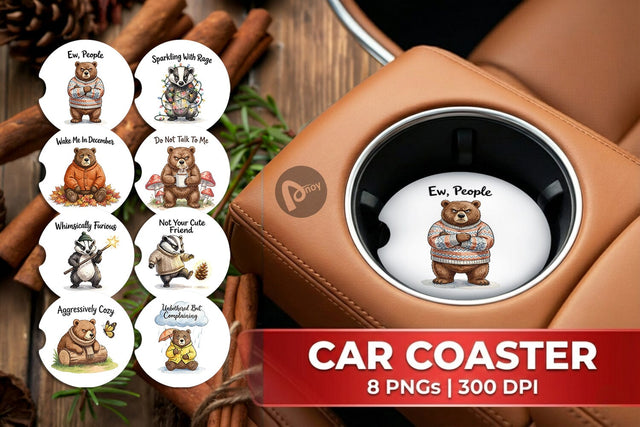 Car Coaster Grumpy Bear Badger Hygge Watercolor Sublimation artnoy 
