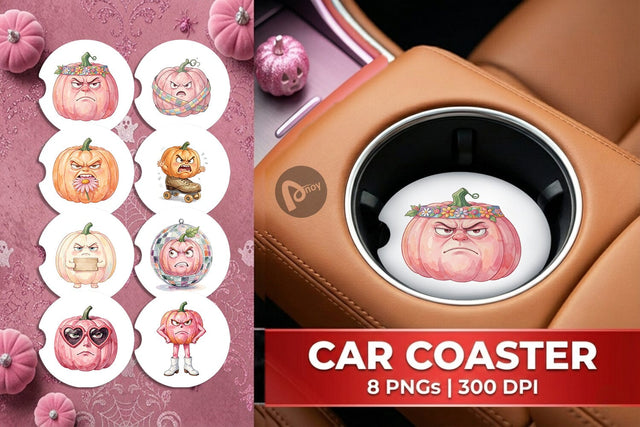 Car Coaster Grumpy Pink Pumpkin Retro Watercolor Sublimation artnoy 