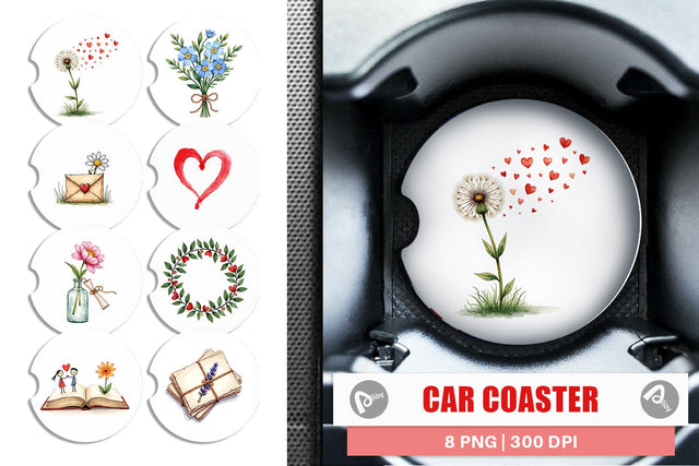 Car Coaster Handmade Valentine Blooms & Notes Watercolor Sublimation artnoy 