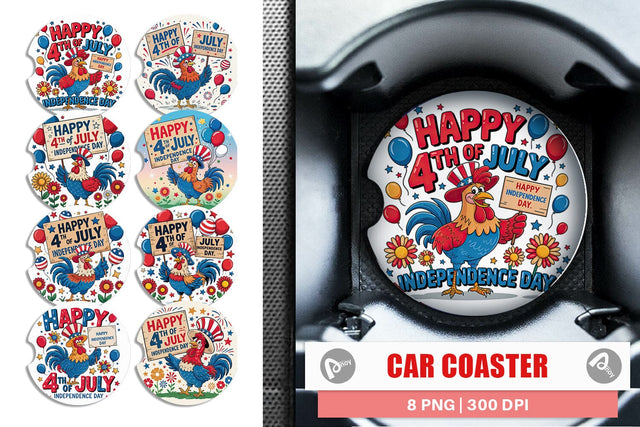 Car Coaster Happy 4th of July Rooster Sublimation artnoy 