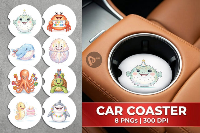 Car Coaster Happy Round Ocean Birthday Watercolor Sublimation artnoy 