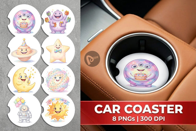 Car Coaster Happy Round Space Birthday Watercolor Sublimation artnoy 