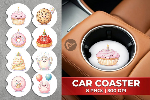 Car Coaster Happy Round Sweet Treats Watercolor Sublimation artnoy 