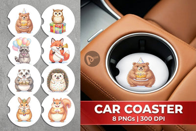 Car Coaster Happy Round Woodland Birthday Watercolor Sublimation artnoy 