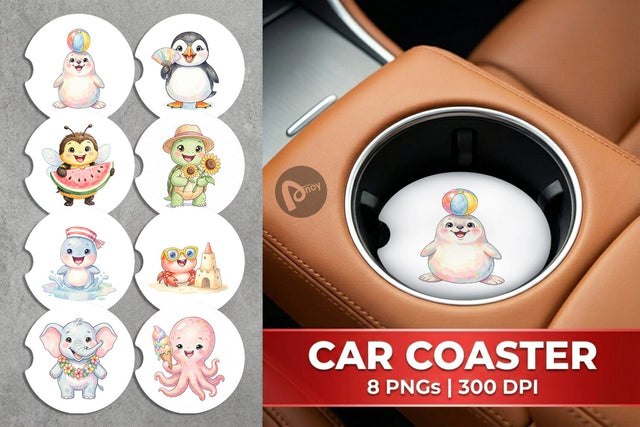Car Coaster Happy Summer Animals Watercolor Sublimation artnoy 