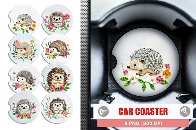 Car Coaster Hedgehog Embroidery Sublimation artnoy 