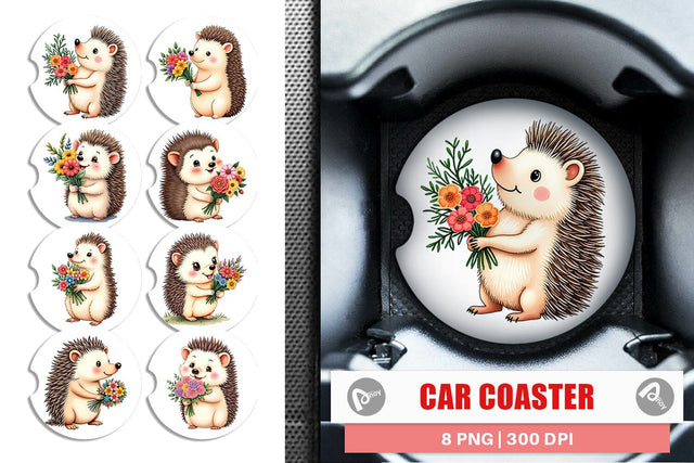 Car Coaster Hedgehog Spring Bouquet Sublimation artnoy 