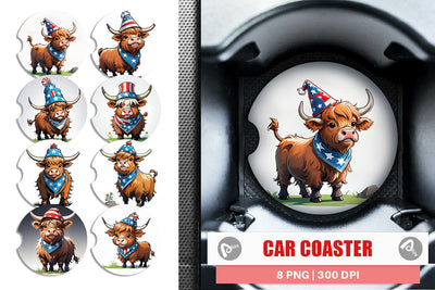 Car Coaster Highland Cow 4th of July Sublimation artnoy 
