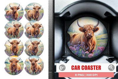 Car Coaster Highland Cow and Flower Sublimation artnoy 