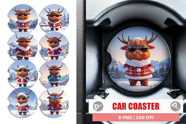 Car Coaster Highland Cow Christmas Sublimation artnoy 
