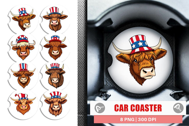 Car Coaster Highland Cow Patriotic Sublimation artnoy 