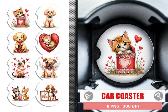 Car Coaster Kitsch Valentine's Pets Retro Puppy & Kitten Sublimation artnoy 