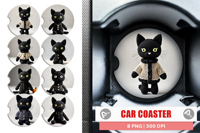 Car Coaster Knitted Black Cat Sublimation artnoy 