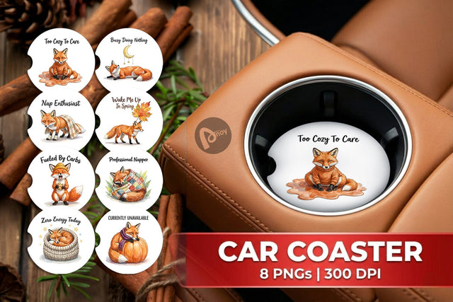 Car Coaster Lazy Fox Cozy Hygge Watercolor Sublimation artnoy 