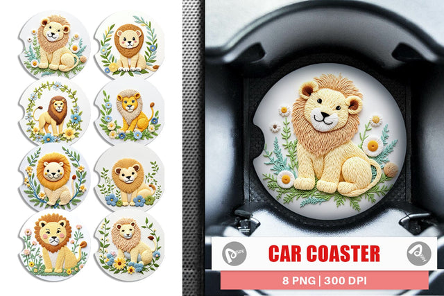Car Coaster Lion Embroidery Sublimation artnoy 