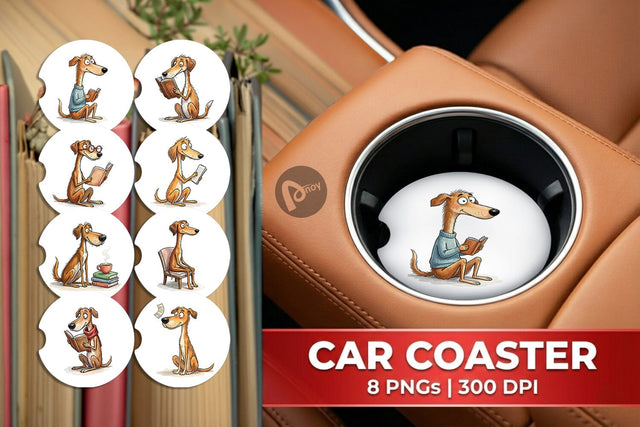 Car Coaster Literary Loungers Dog Watercolor Sublimation artnoy 