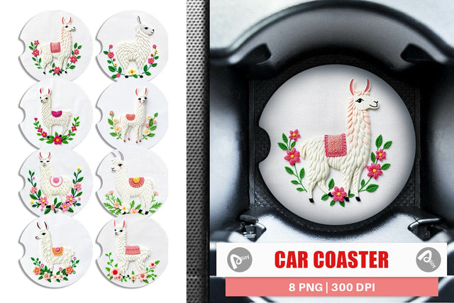 Car Coaster Llama Embroidery Sublimation artnoy 