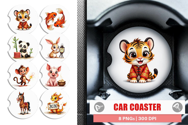 Car Coaster Lunar New Year Cuties 2026 Watercolor Sublimation artnoy 