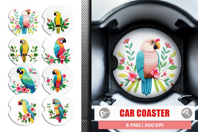 Car Coaster Macaw Embroidery Sublimation artnoy 