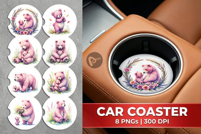 Car Coaster Mama Bear Cub Watercolor Sublimation artnoy 