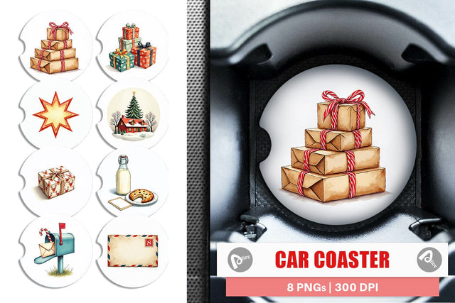 Car Coaster Mid-Century Christmas Mail Retro Watercolor Sublimation artnoy 