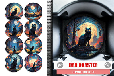 Car Coaster Moonlit Woodland Black Cat Sublimation artnoy 