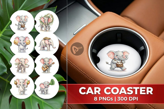 Car Coaster Musical Jungle Elephant Watercolor Sublimation artnoy 