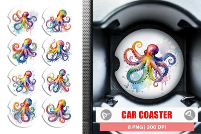 Car Coaster Octopus Watercolor Sublimation artnoy 