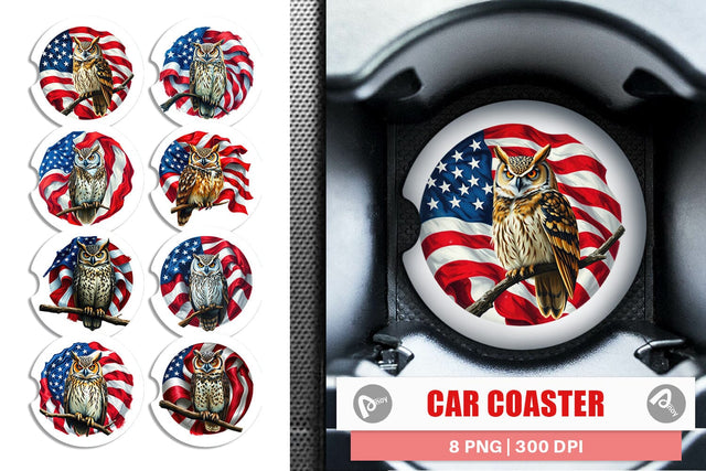 Car Coaster Owl 4th of July Sublimation artnoy 