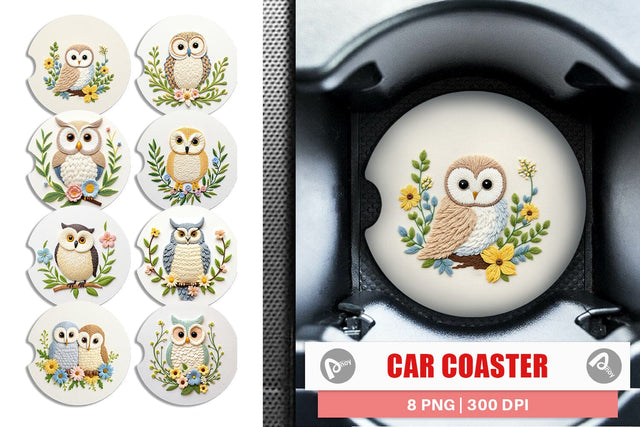 Car Coaster Owl Embroidery Sublimation artnoy 