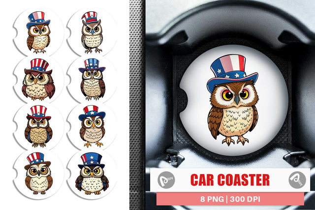 Car Coaster Owl Patriotic Sublimation artnoy 