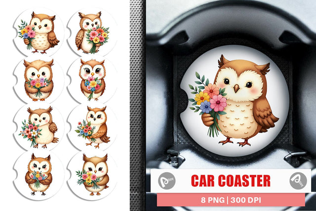 Car Coaster Owl Spring Bouquet Sublimation artnoy 