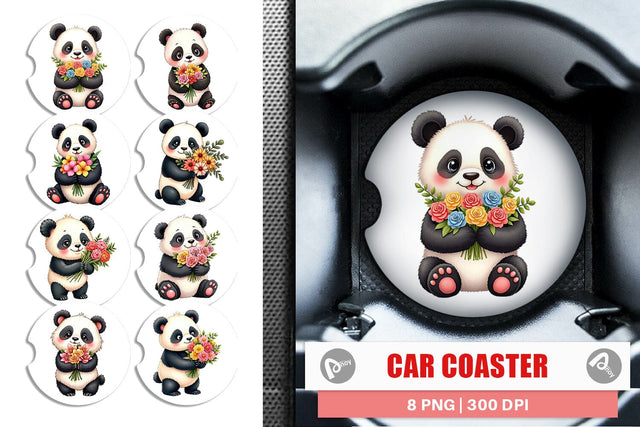 Car Coaster Panda Spring Bouquet Sublimation artnoy 