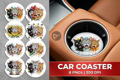 Car Coaster Panic Garden Cats Messy Watercolor Sublimation artnoy 