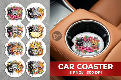 Car Coaster Panic Tropical Cats Messy Watercolor Sublimation artnoy 