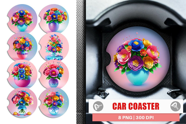 Car Coaster Paper Flowers in Pots Sublimation artnoy 