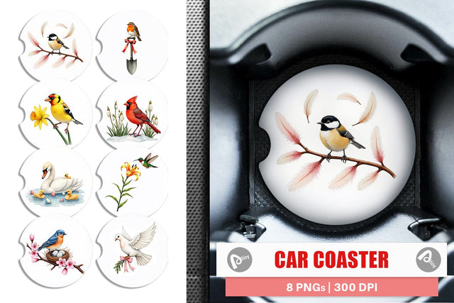 Car Coaster Pastel Spring Birds & Blooms Watercolor Sublimation artnoy 