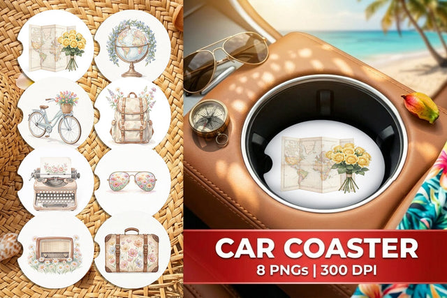 Car Coaster Pastel Vintage Travel Gear Watercolor Sublimation artnoy 