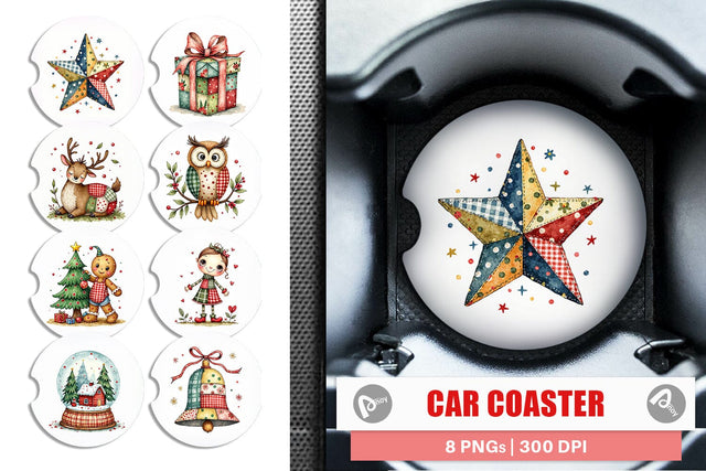 Car Coaster Patchwork Christmas Watercolor Sublimation artnoy 
