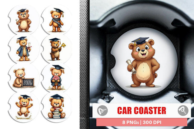 Car Coaster Patchwork Teddy Bear Graduates Sketchy Retro Sublimation artnoy 