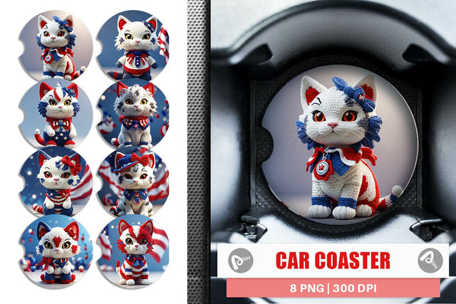 Car Coaster Patriotic Kitty Crochet Sublimation artnoy 